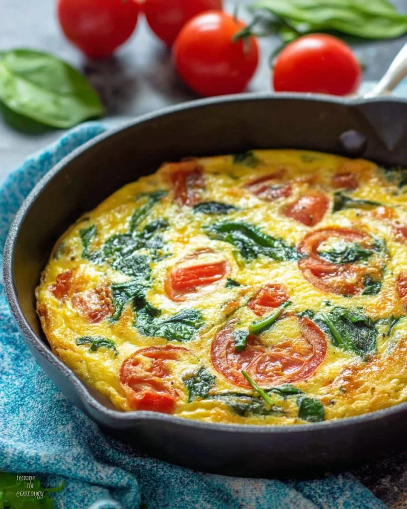 Easy spinach and tomato frittata served on a plate