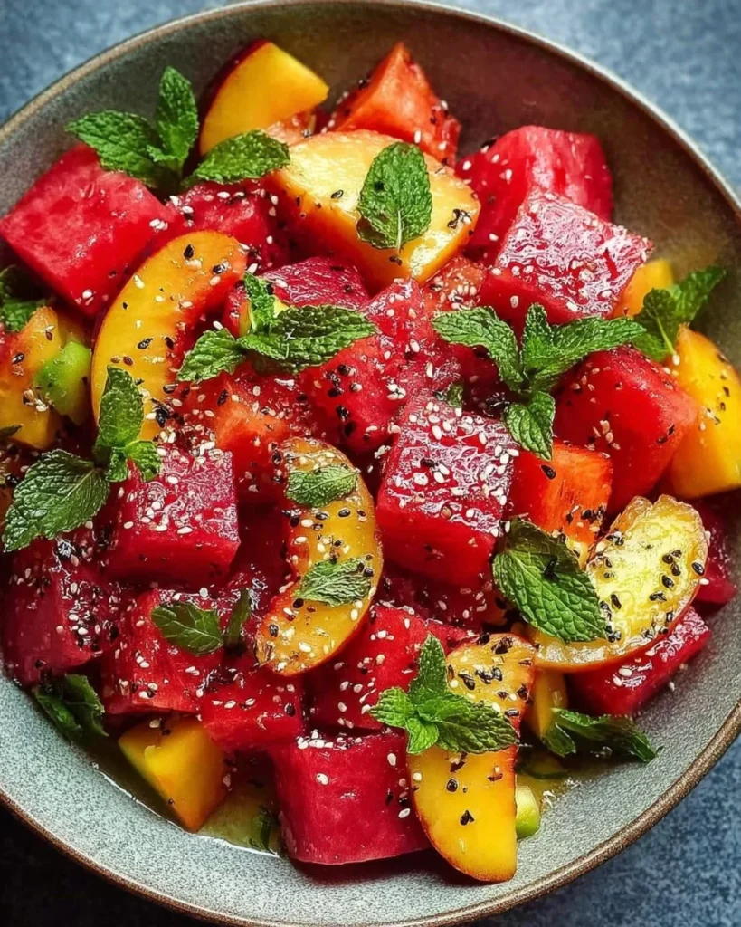 Colorful peach watermelon salad with mint and lime dressing
