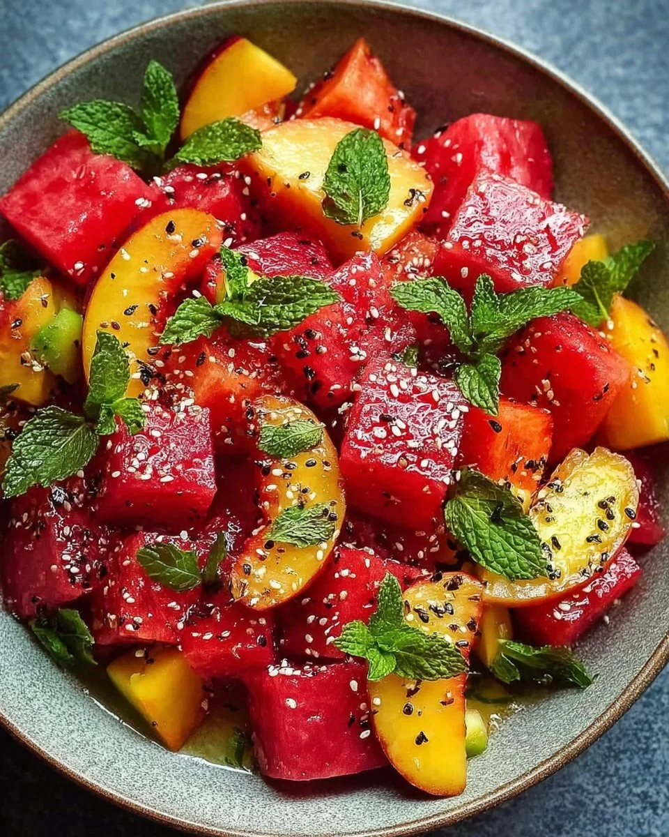 Colorful peach watermelon salad with mint and lime dressing