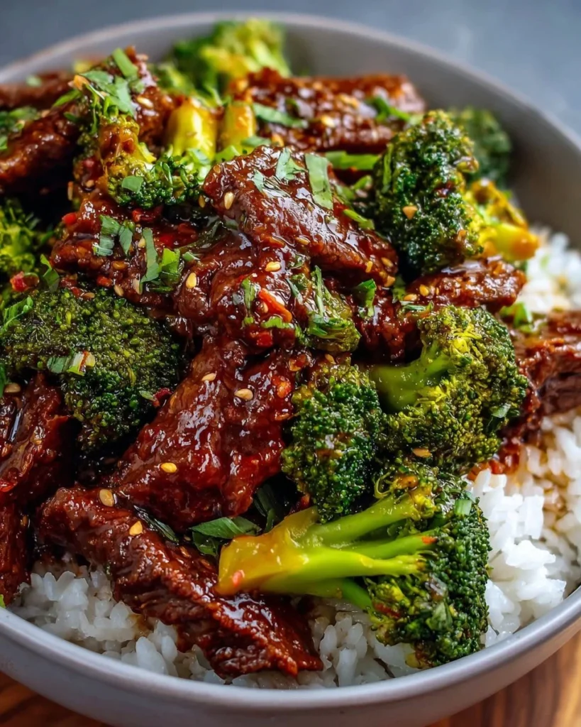 Crockpot beef and broccoli recipe served with jasmine rice