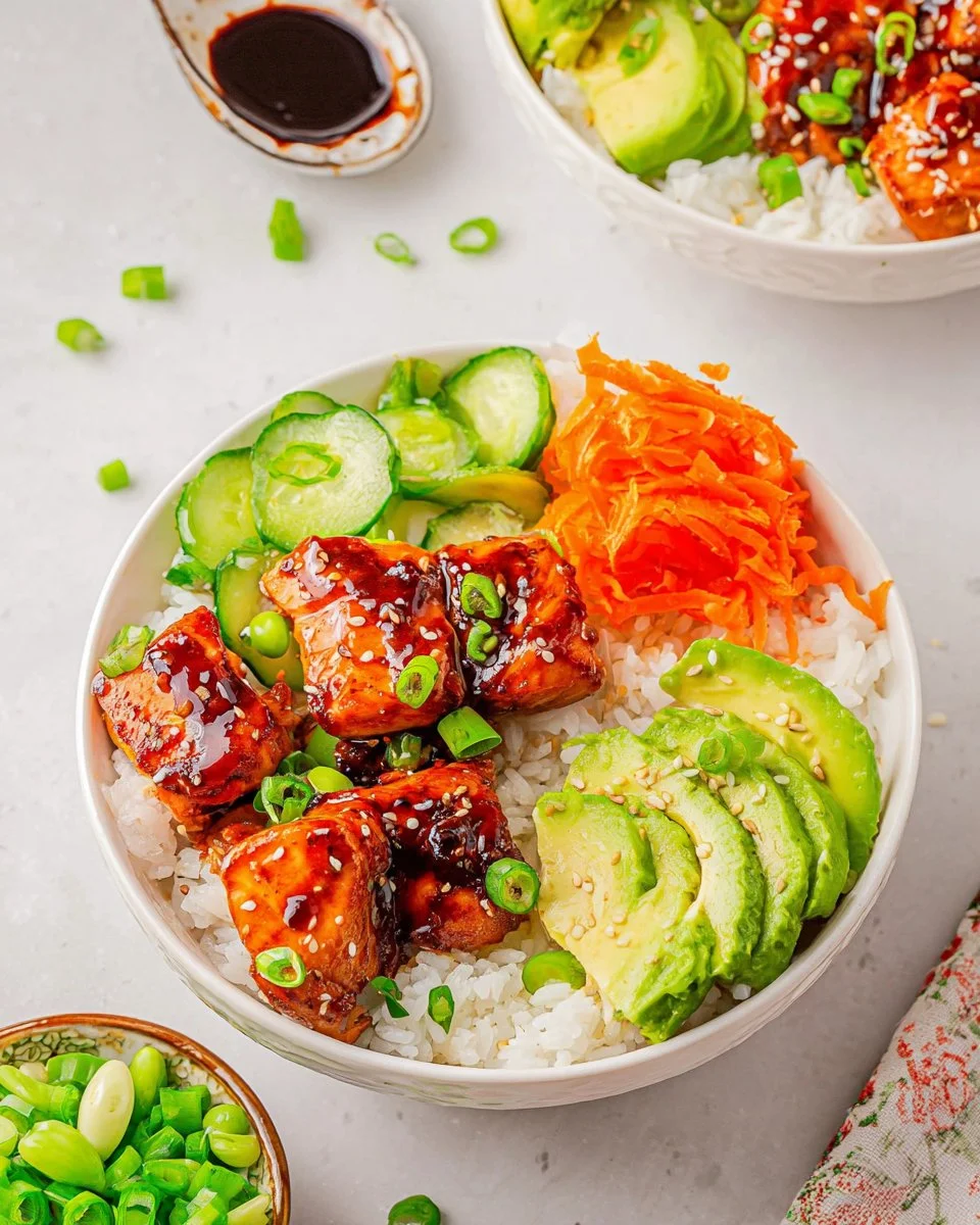 Delicious teriyaki salmon bowl with vegetables and rice