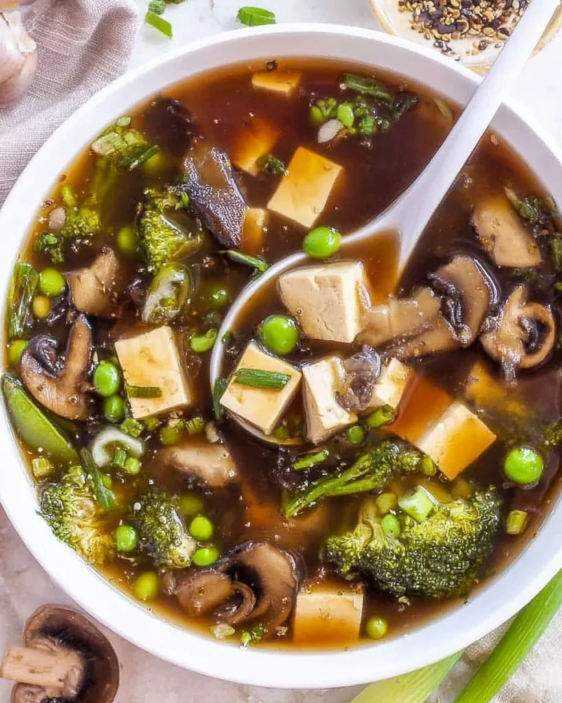 Bowl of easy tofu soup with vegetables and herbs