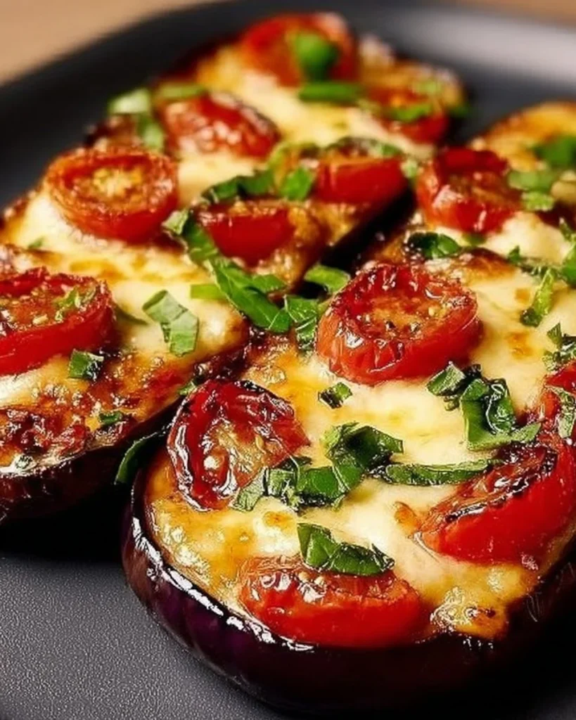 Delicious Eggplant topped with Tomatoes and Mozzarella cheese