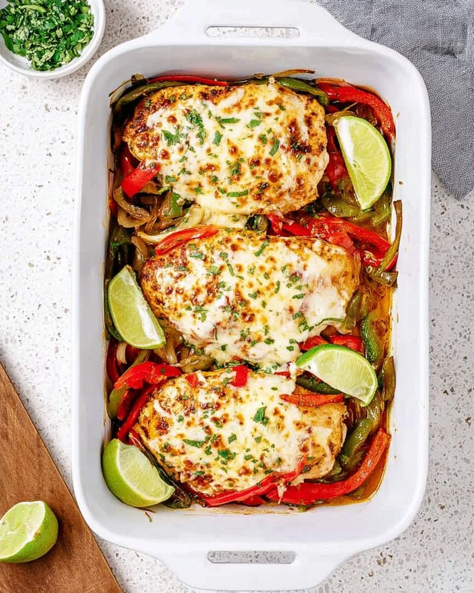Fajita baked chicken breast served with colorful peppers and onions on a plate.