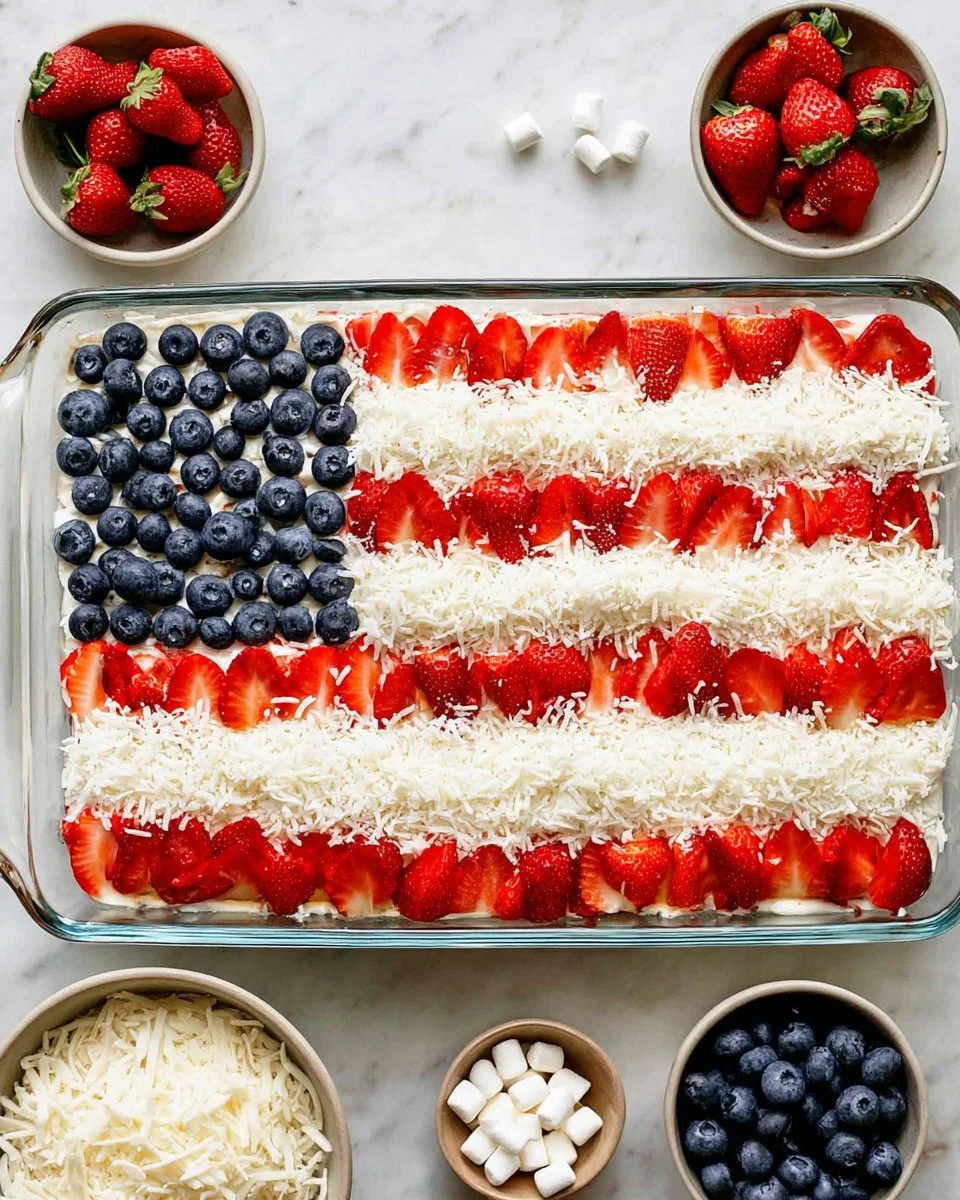 A vibrant Flag Cake decorated with red, white, and blue frosting for patriotic celebrations.