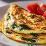 Fluffy spinach cheese omelette topped with fresh herbs on a white plate