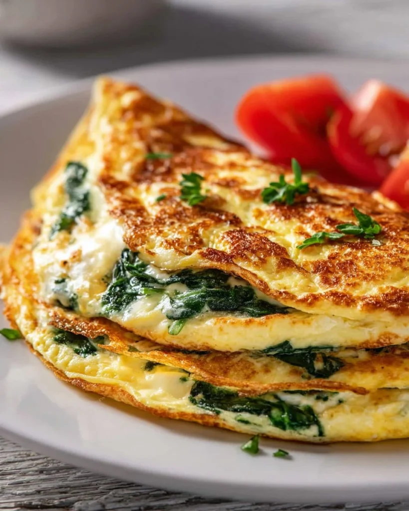 Fluffy spinach cheese omelette topped with fresh herbs on a white plate