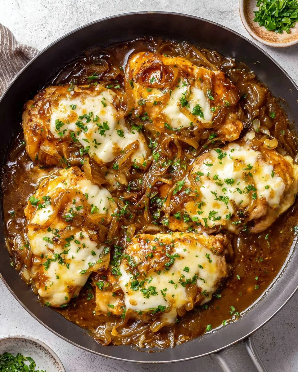 French Onion Chicken Skillet garnished with melted cheese and herbs