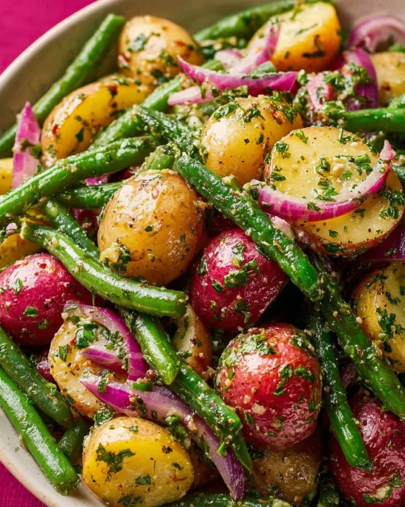 Delicious French Potato Salad served in a bowl with herbs and dressing.