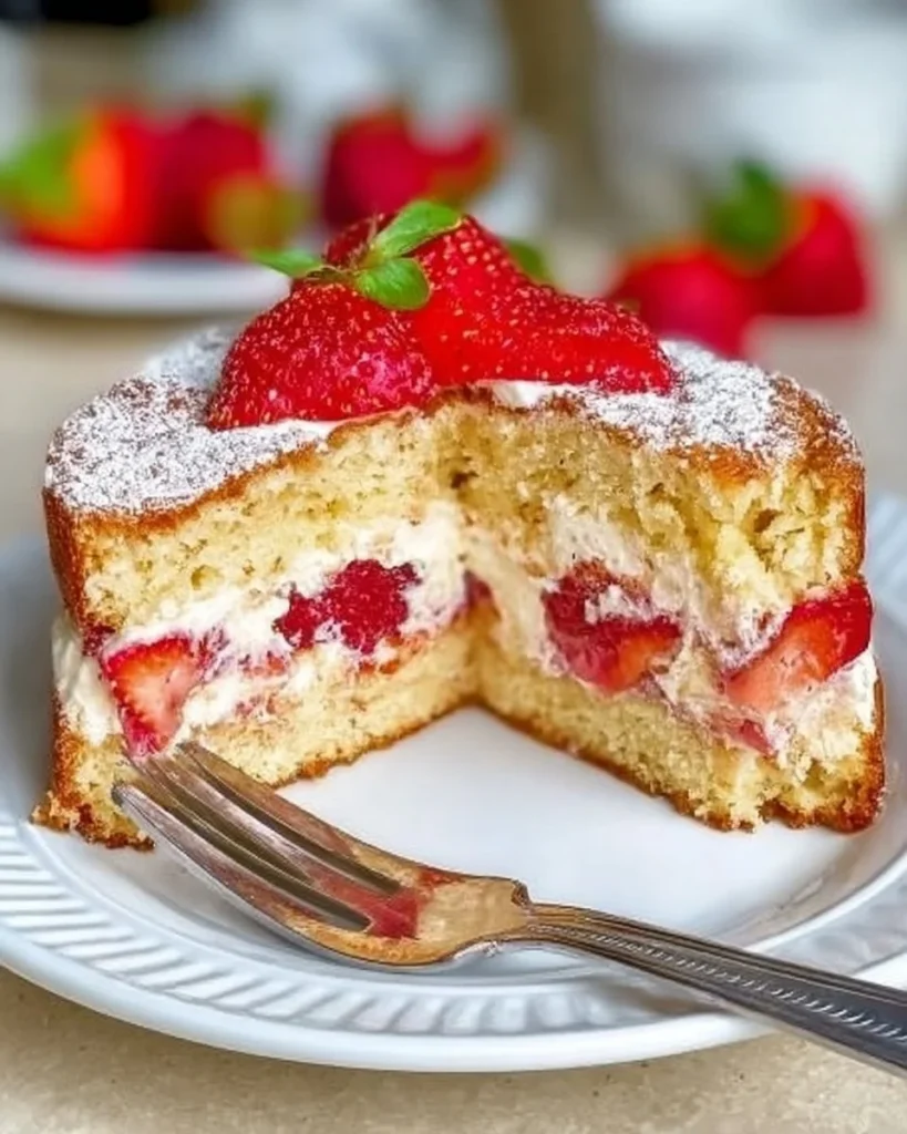 Delicious French strawberry cake decorated with fresh strawberries and cream.
