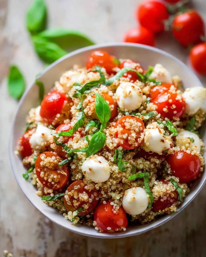 Fresh Caprese Quinoa Salad with tomatoes, mozzarella, and basil