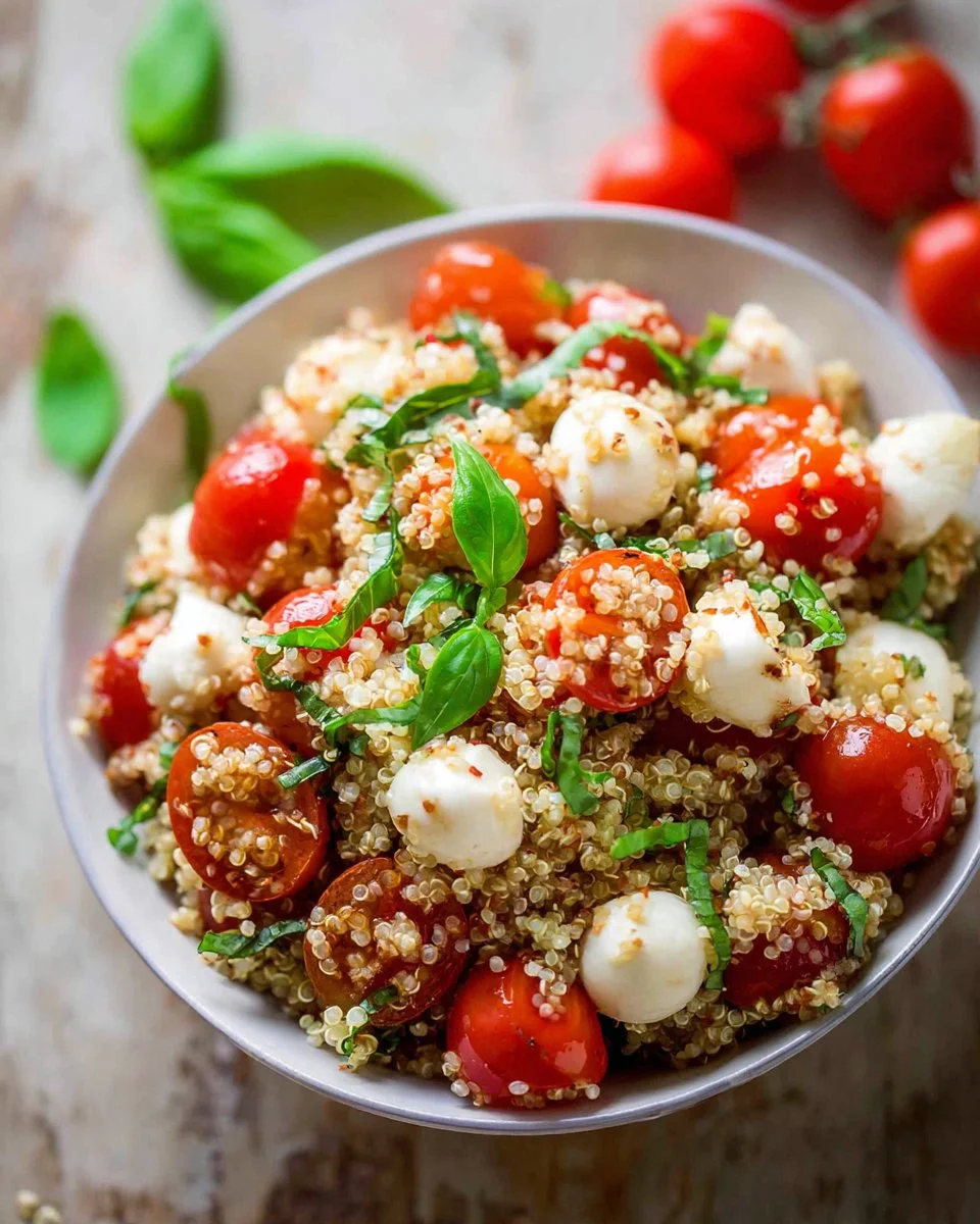 Fresh Caprese Quinoa Salad with tomatoes, mozzarella, and basil