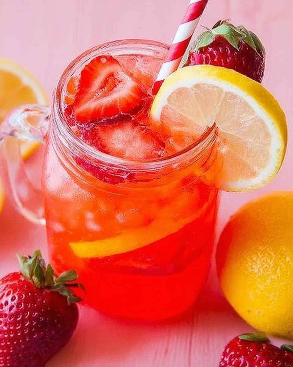 Freshly made strawberry lemonade served in a glass with strawberries and lemon slices.