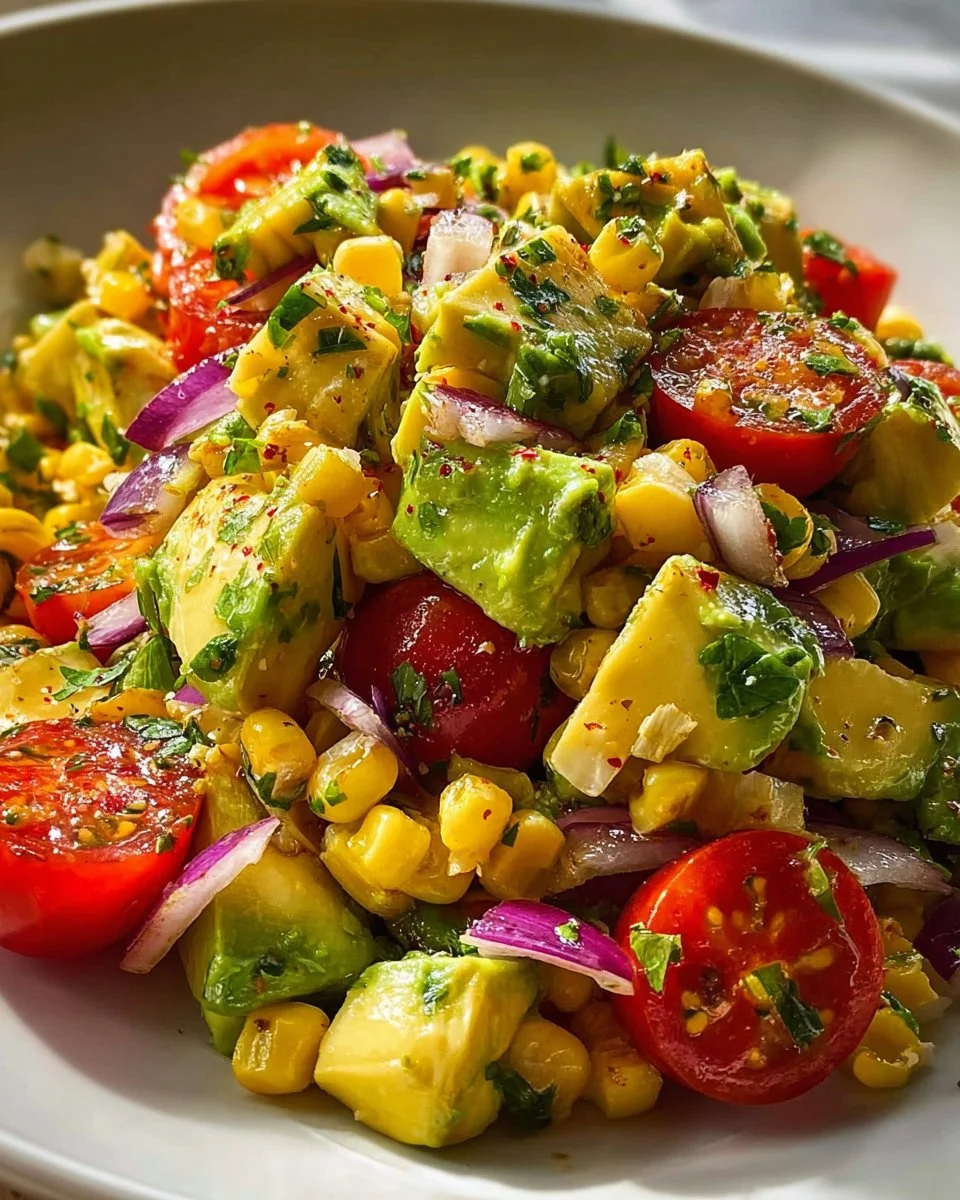 Fresh avocado corn salad with vibrant vegetables and herbs