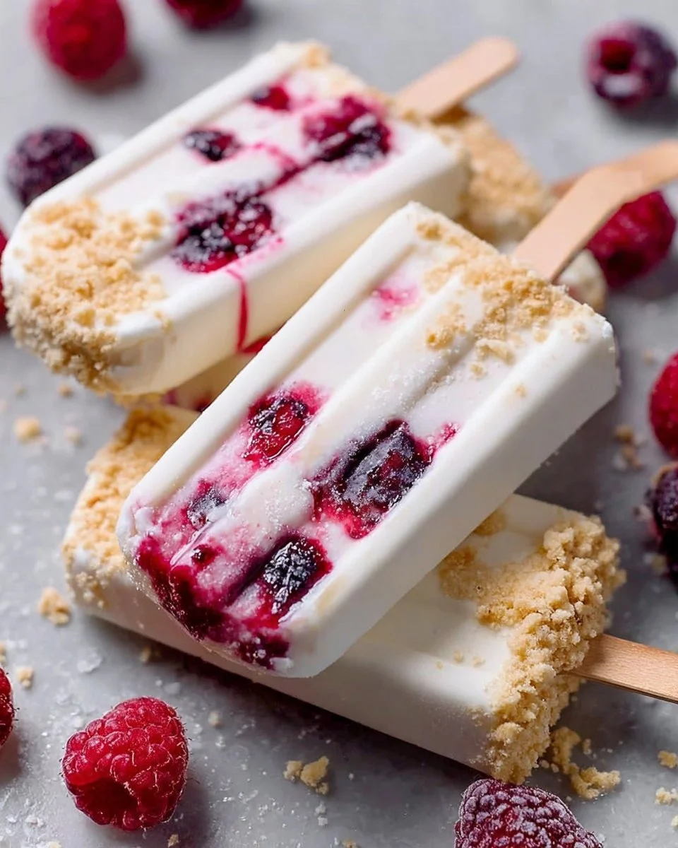 Delicious frozen cheesecake pops topped with chocolate and berries