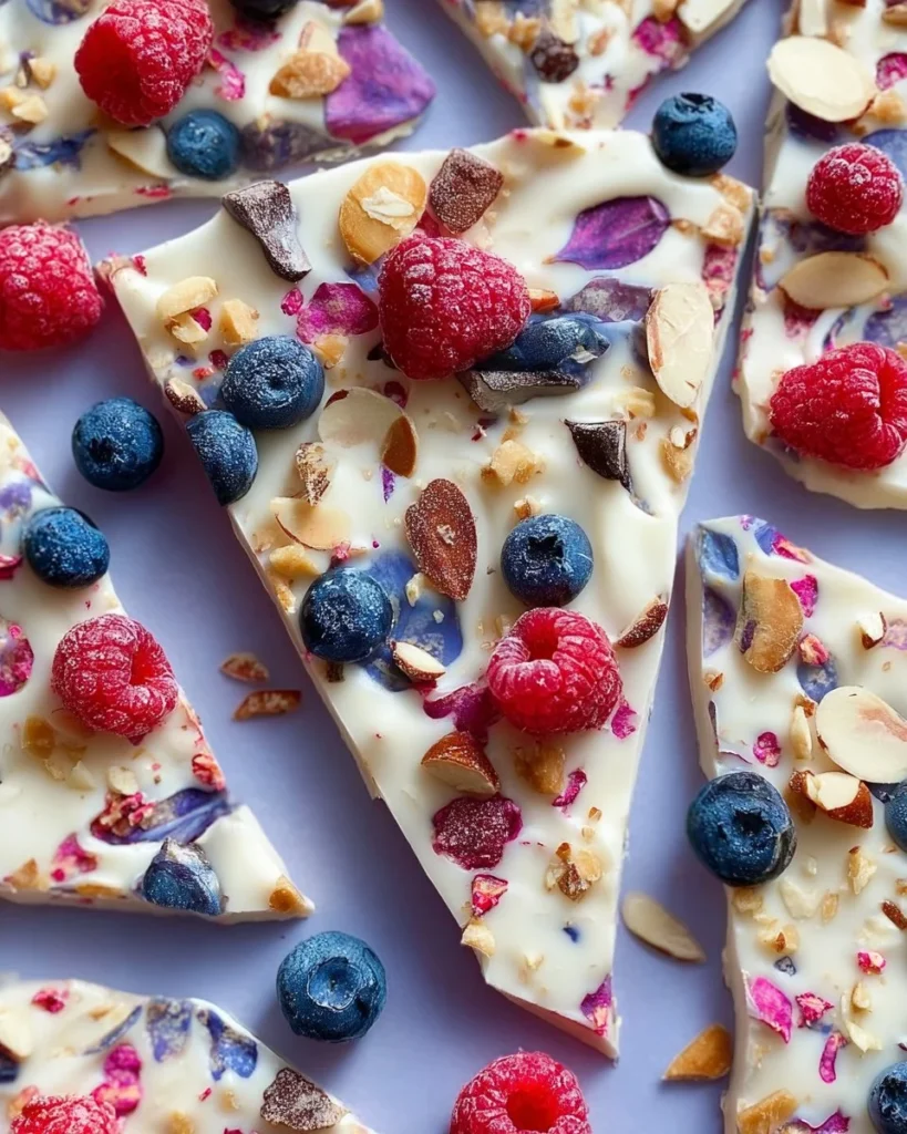 Delicious homemade frozen yogurt bark topped with fruits and nuts