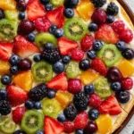 Colorful fruit pizza topped with fresh berries, kiwi, and cream cheese frosting.