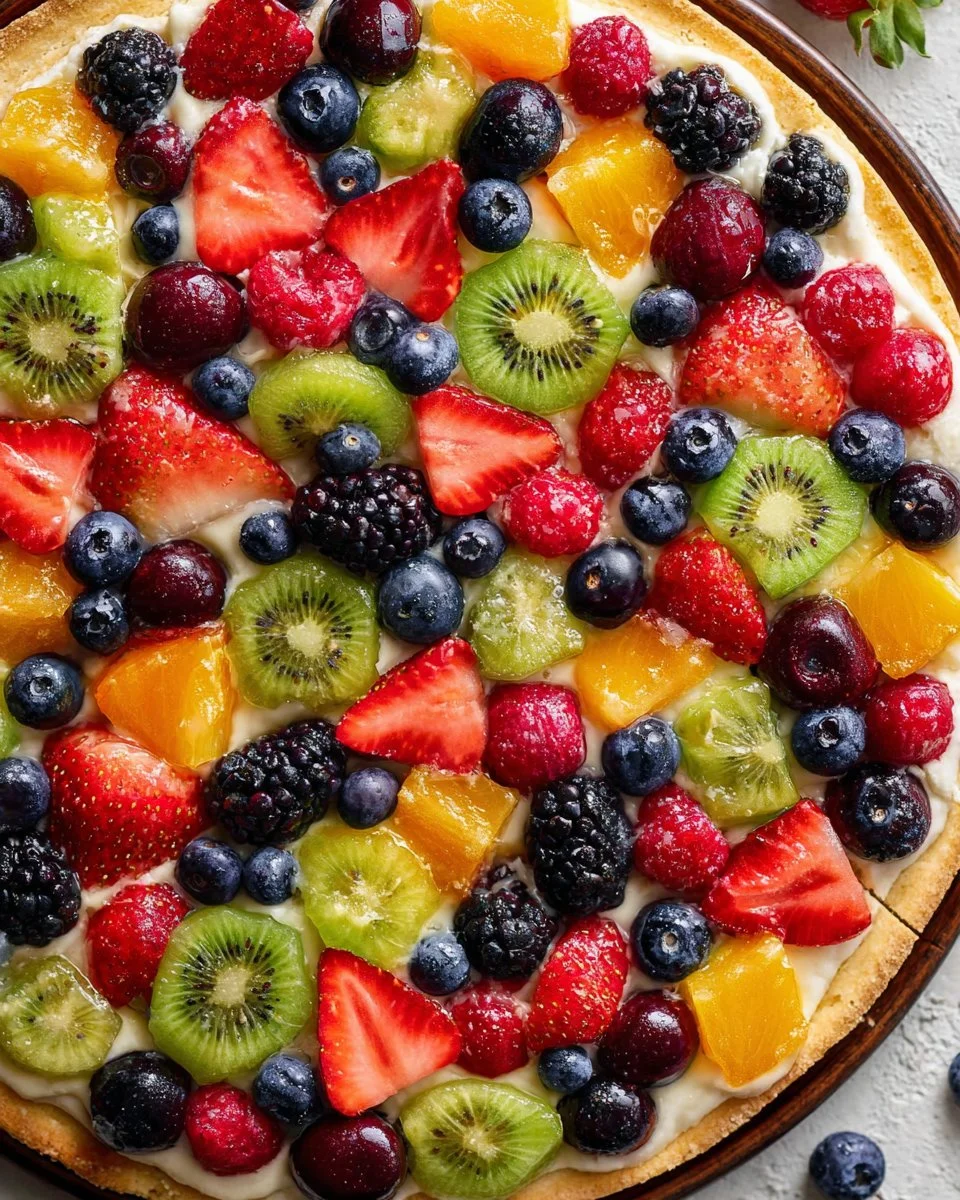 Colorful fruit pizza topped with fresh berries, kiwi, and cream cheese frosting.