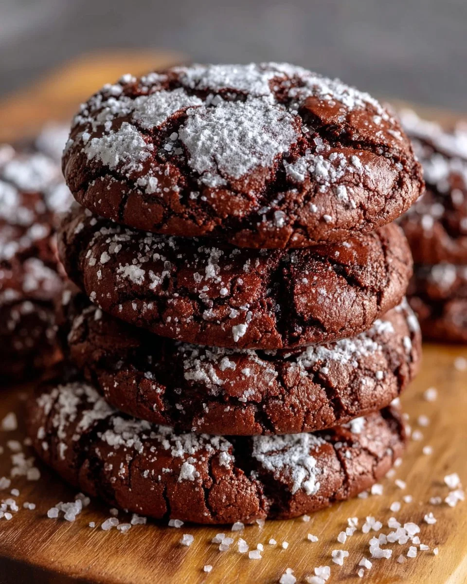 Fudgy brownie crinkle cookies fresh out of the oven, sprinkled with powdered sugar.