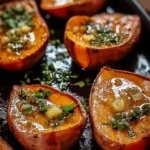 Plate of garlic butter roasted sweet potatoes garnished with herbs