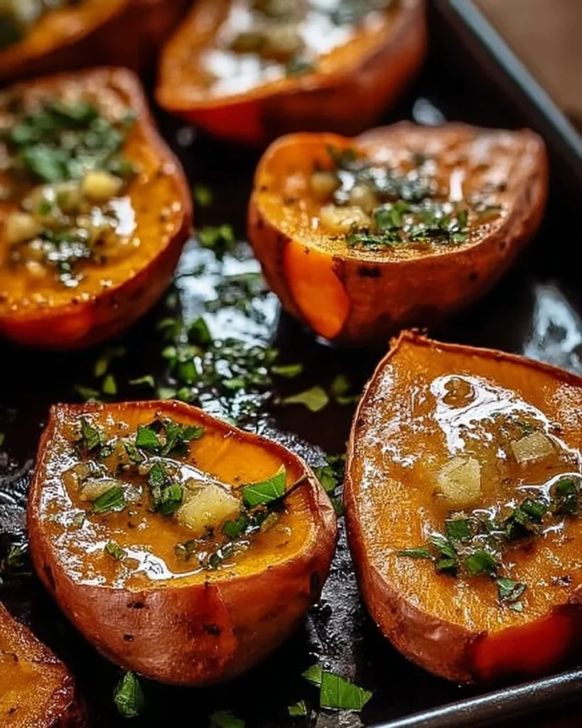 Plate of garlic butter roasted sweet potatoes garnished with herbs