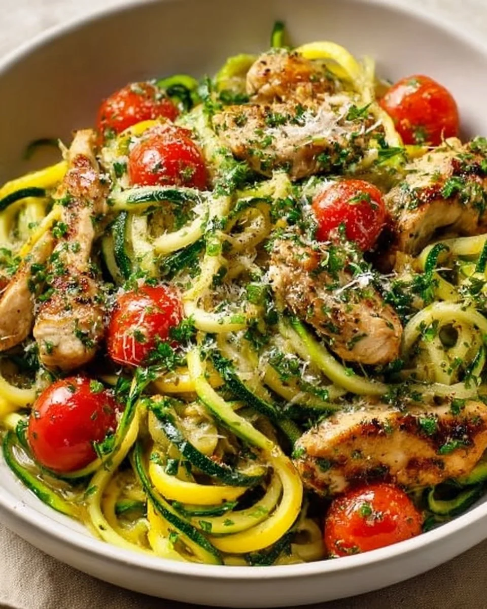 Garlic Chicken Zucchini Noodles Stir Fry dish garnished with fresh herbs