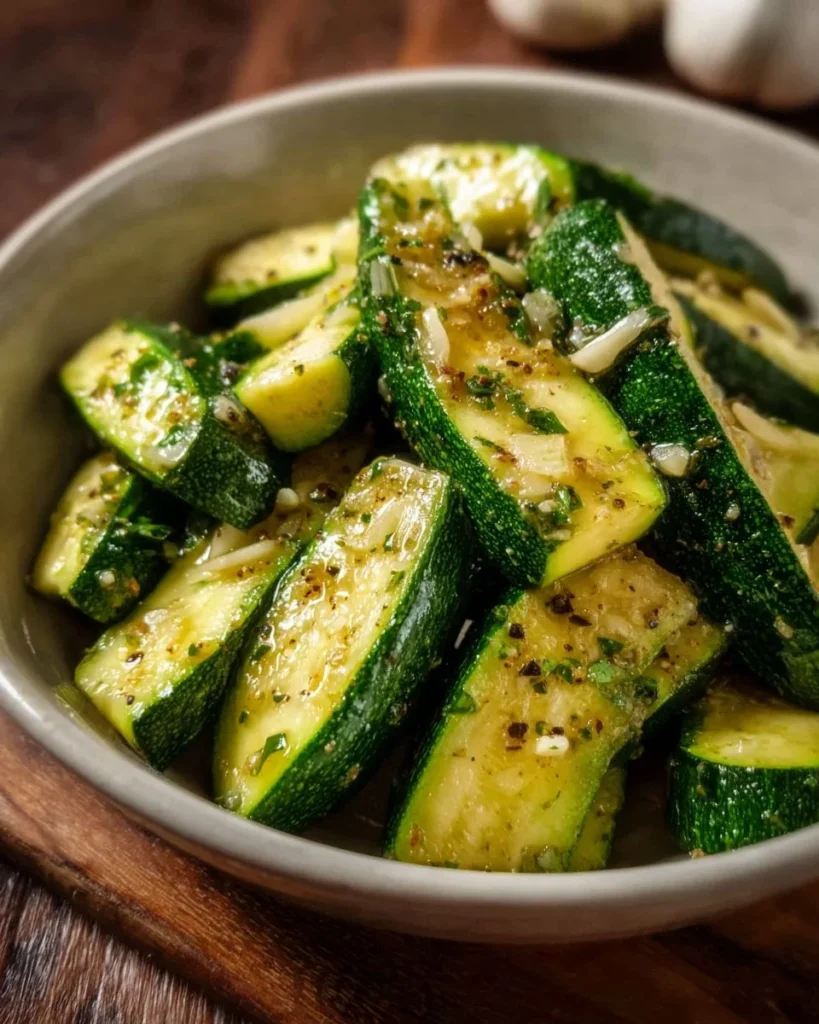 Cooked garlic zucchini served on a plate, garnished with herbs.