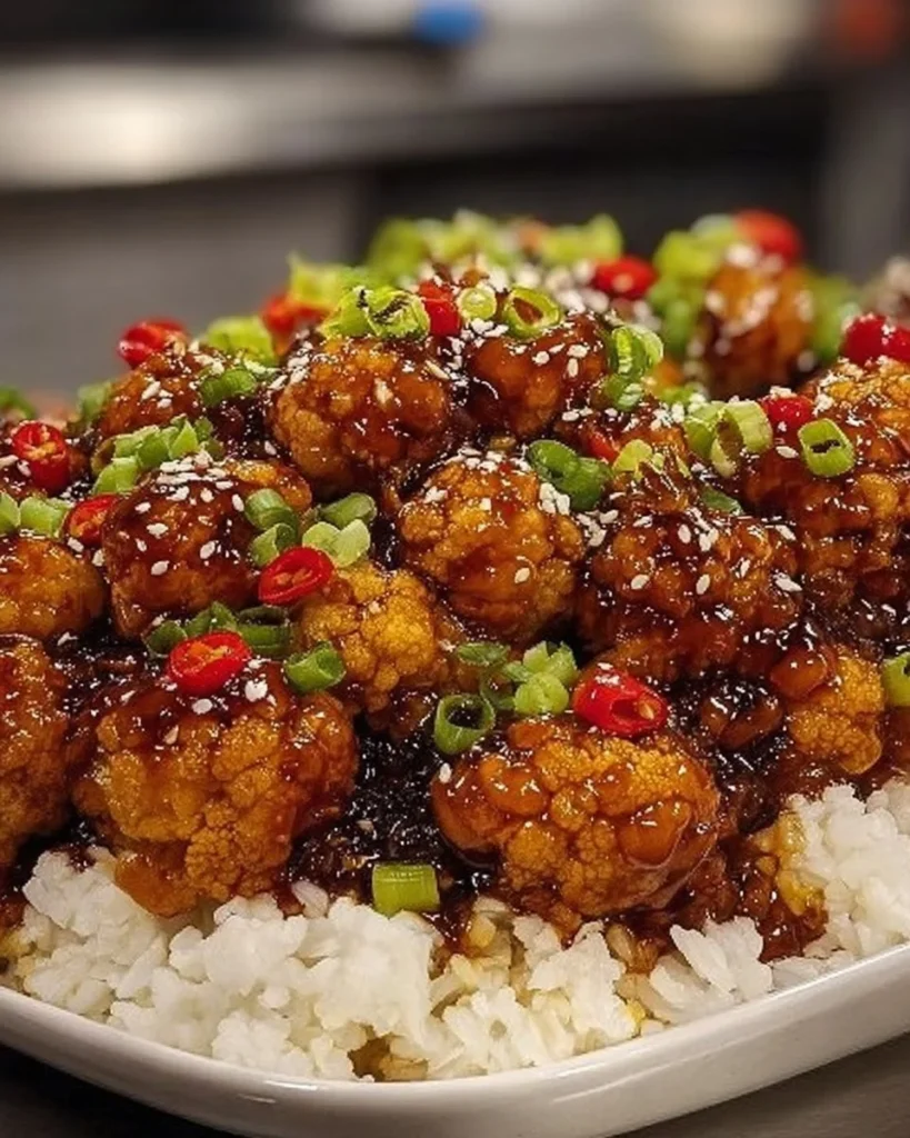 Delicious General Tso’s Cauliflower Bowl served with vegetables and sauce