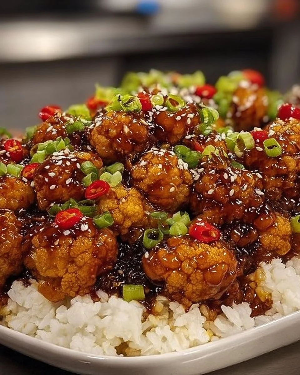 Delicious General Tso’s Cauliflower Bowl served with vegetables and sauce