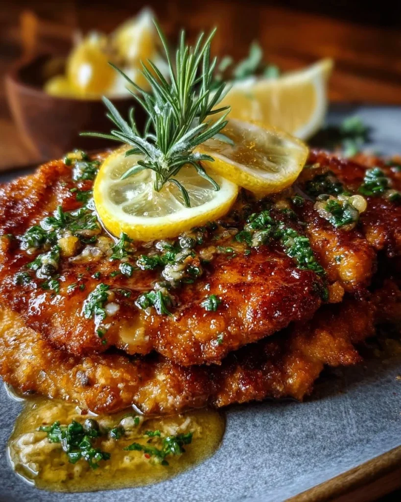 German schnitzel served with lemon caper butter on a plate