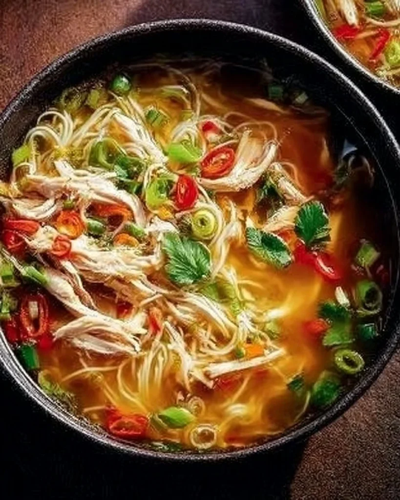 Bowl of ginger garlic chicken noodle soup with fresh herbs and noodles