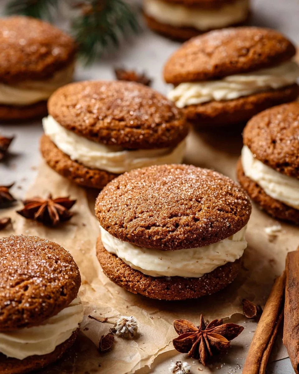 Delicious Gingerbread Cookie Sandwiches filled with creamy frosting