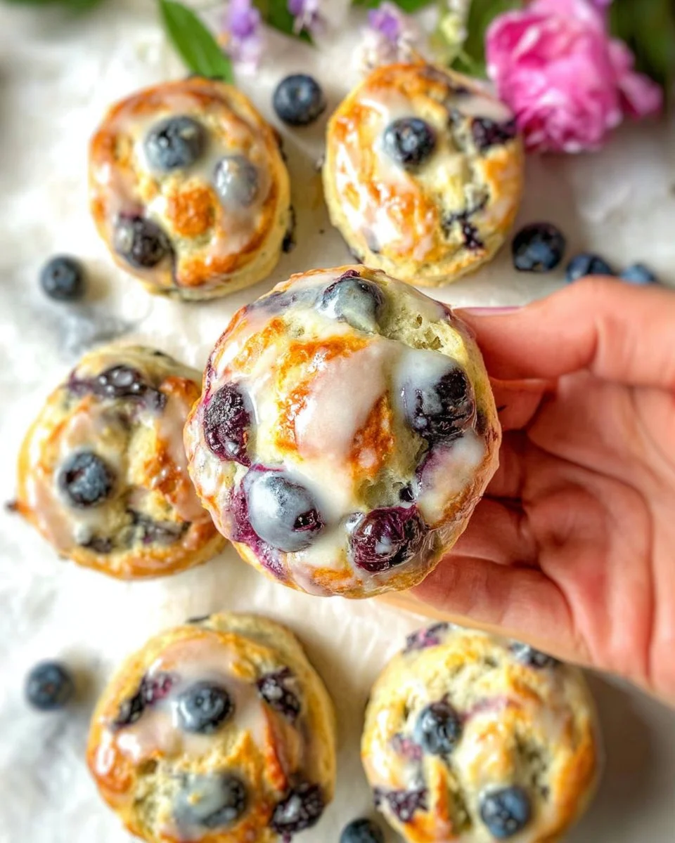 Freshly baked glazed blueberry biscuits with a golden crust