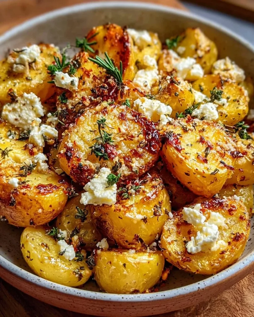 Greek Feta Roast Potatoes garnished with herbs and spices