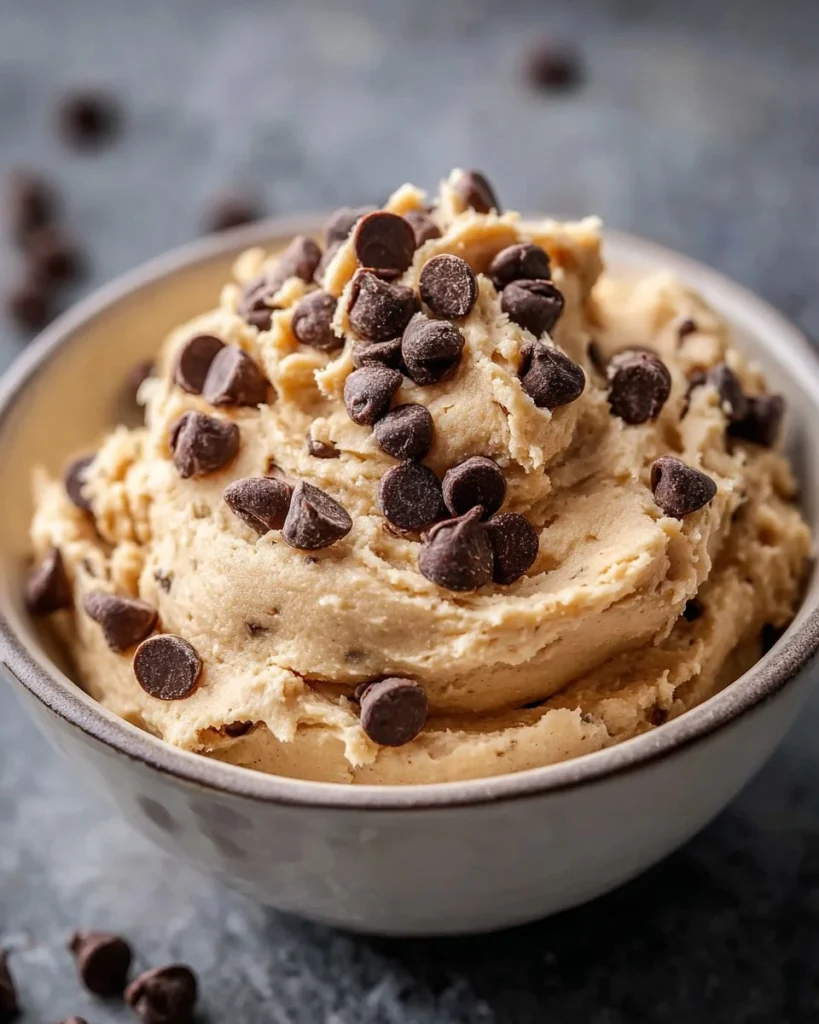 Bowl of Greek yogurt cookie dough with chocolate chips and ingredients