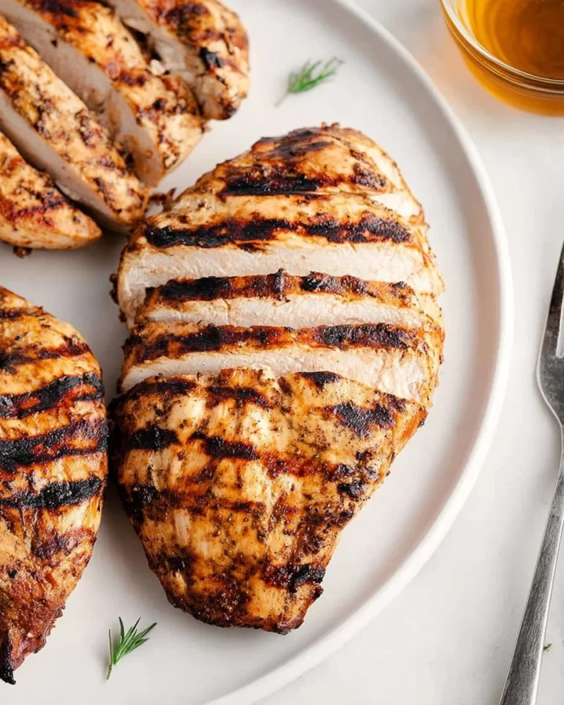 Juicy grilled chicken breast served with fresh vegetables.
