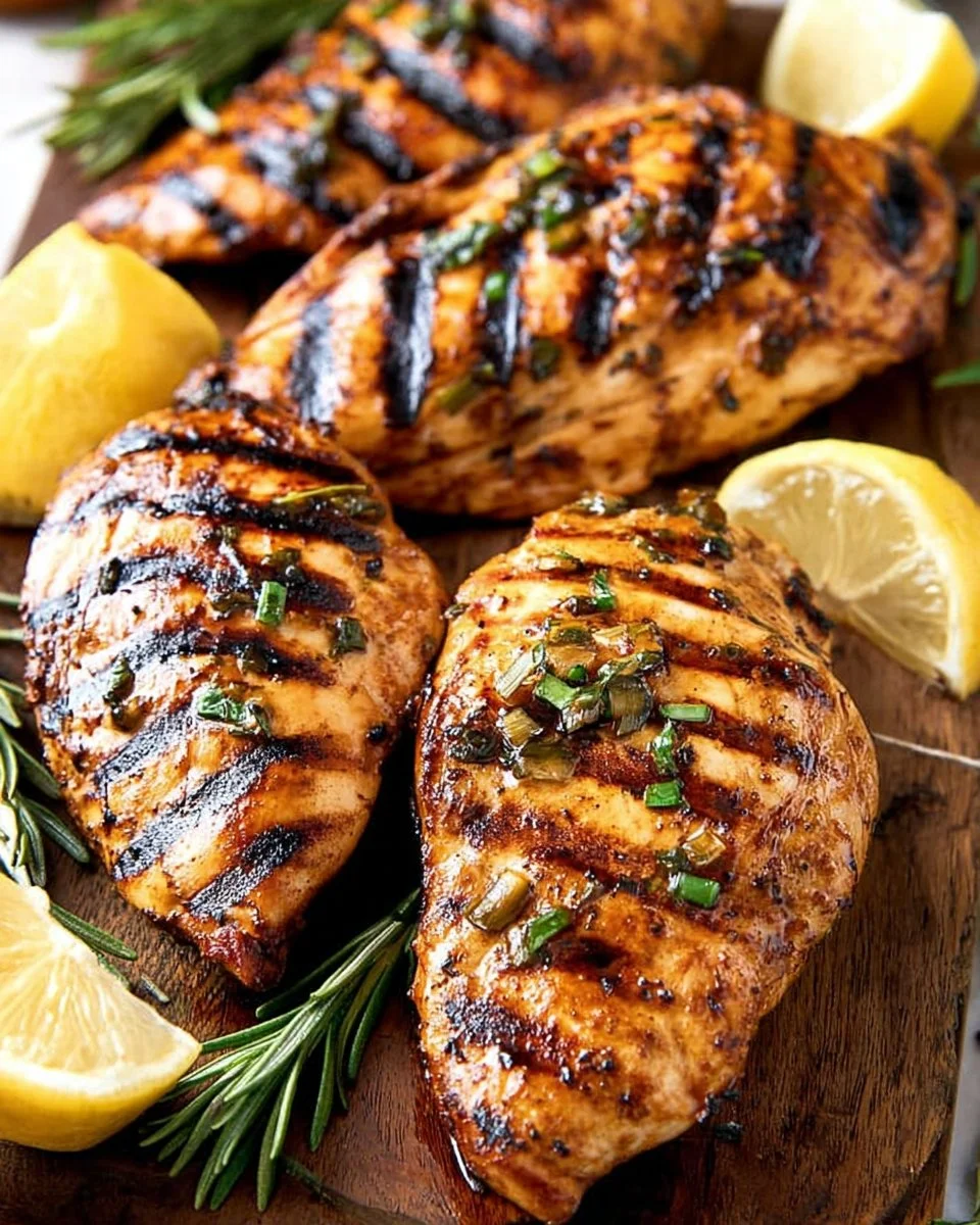 Grilled chicken breast marinated in balsamic herb marinade on a plate