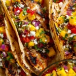 Grilled chicken tacos served with vibrant mango salsa on a plate