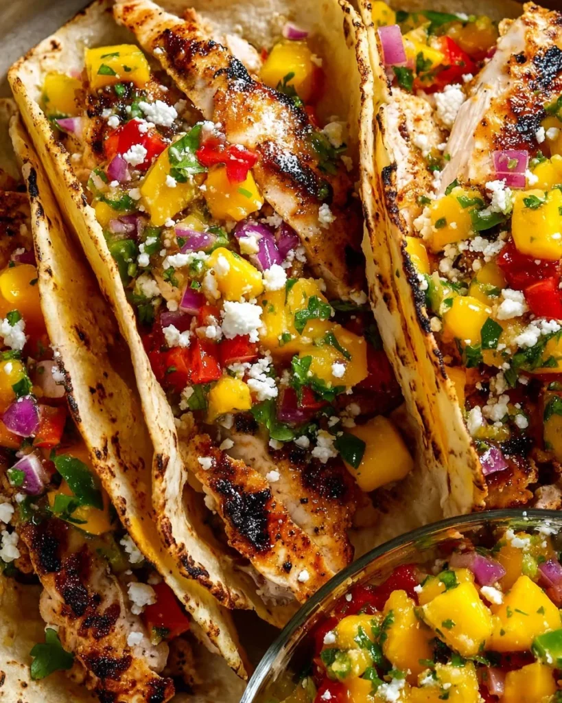 Grilled chicken tacos served with vibrant mango salsa on a plate