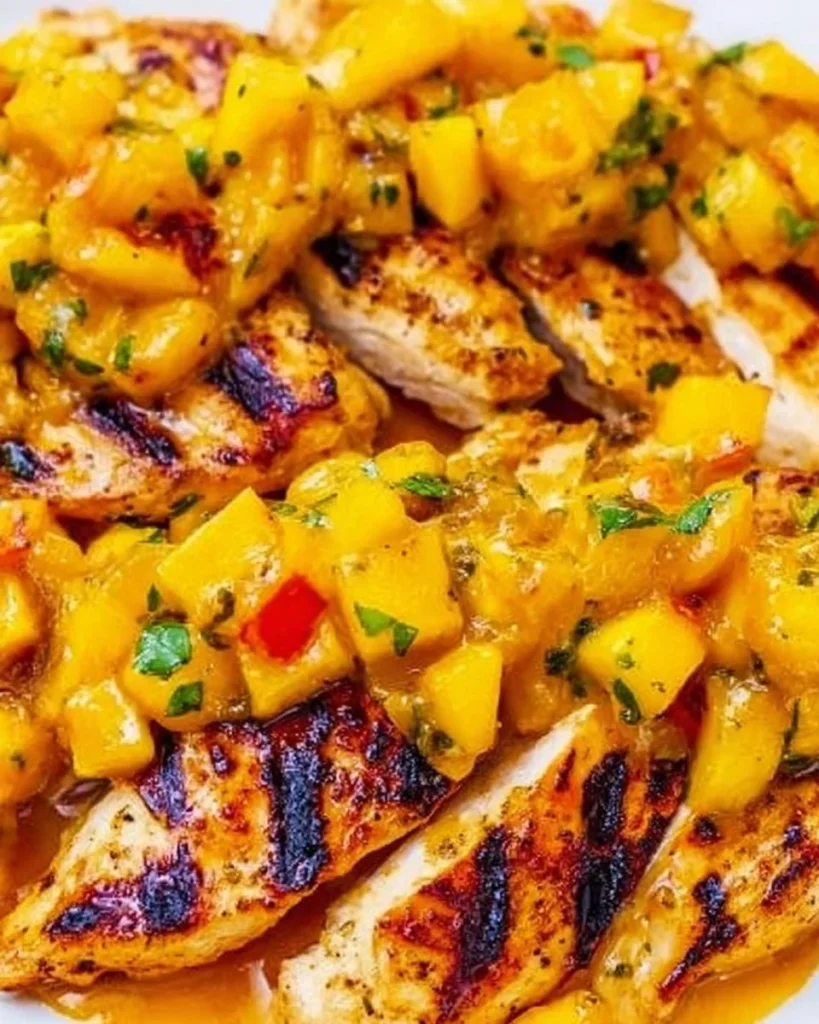 Delicious grilled chicken served with mango-pineapple salsa