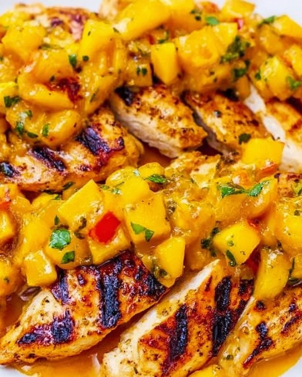 Delicious grilled chicken served with mango-pineapple salsa