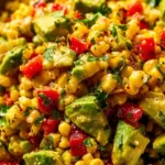Delicious grilled corn and avocado salad garnished with herbs