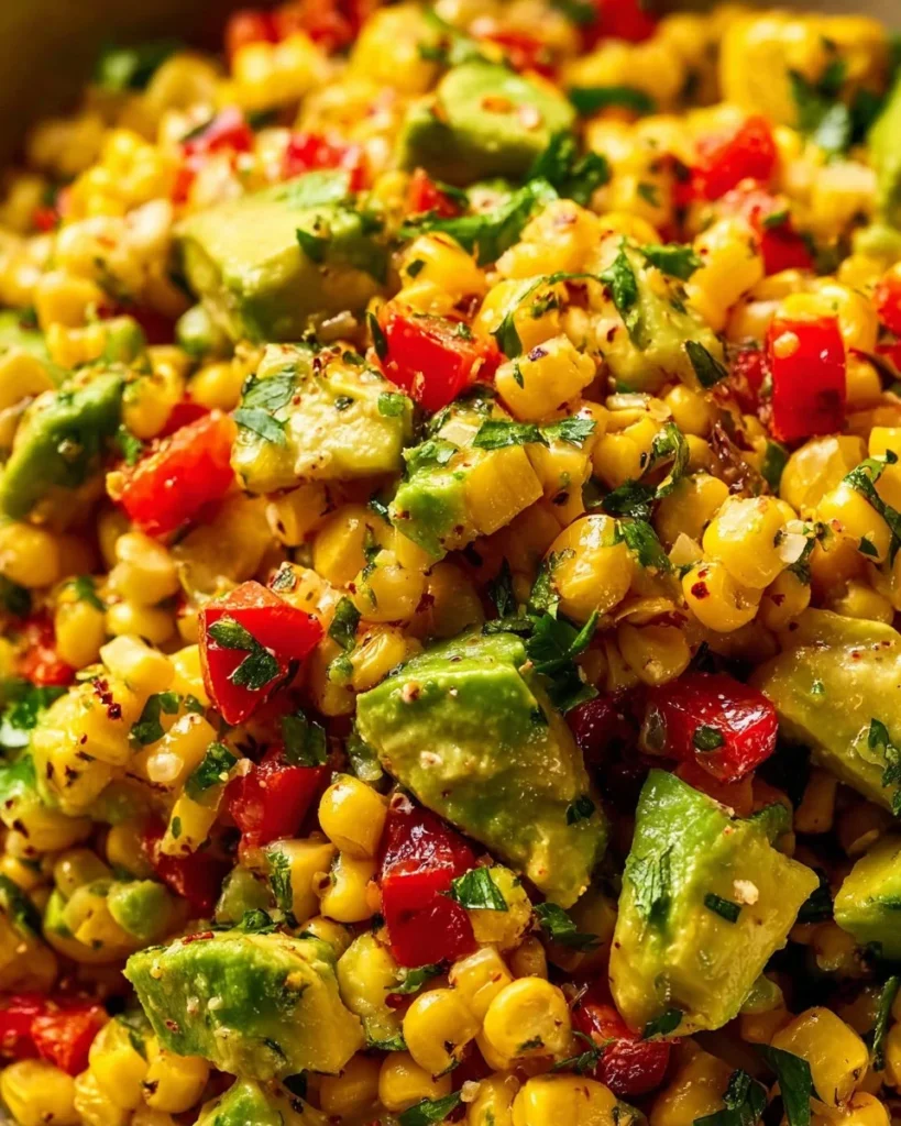 Delicious grilled corn and avocado salad garnished with herbs