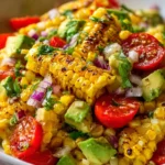 Delicious grilled corn salad topped with fresh herbs and vegetables