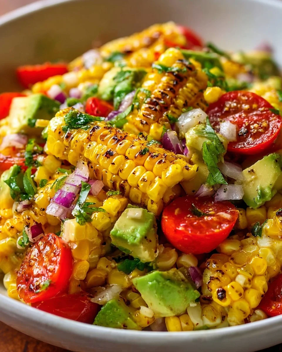 Delicious grilled corn salad topped with fresh herbs and vegetables
