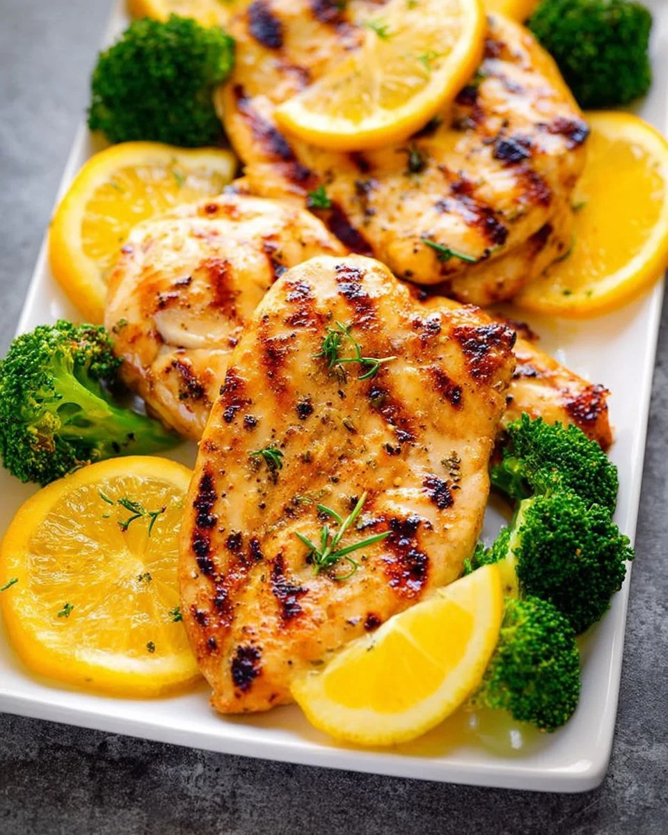 Delicious grilled lemon chicken served with fresh herbs and lemon wedges