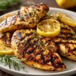 Grilled lemon chicken served with fresh herbs and lemon slices