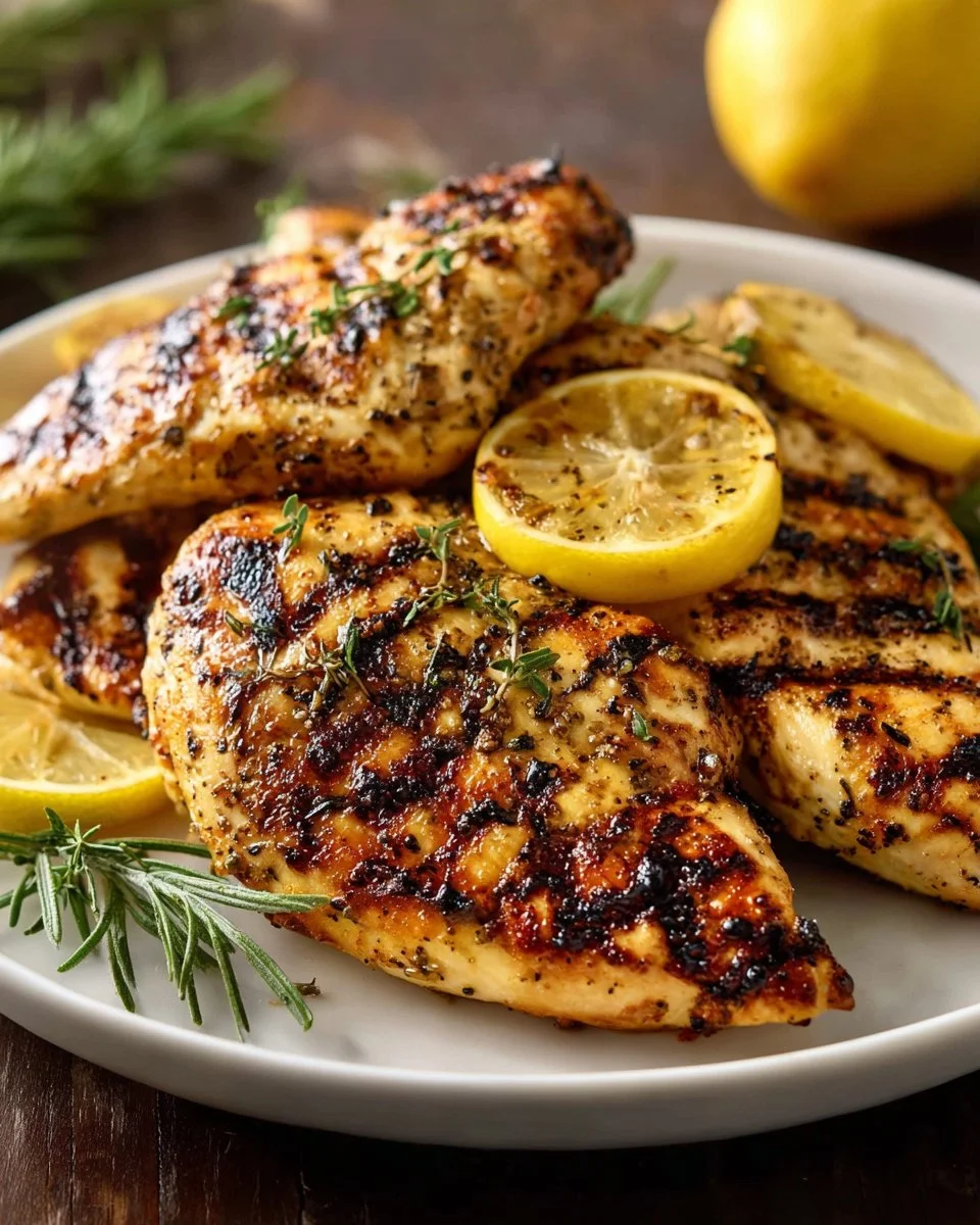 Grilled lemon chicken served with fresh herbs and lemon slices