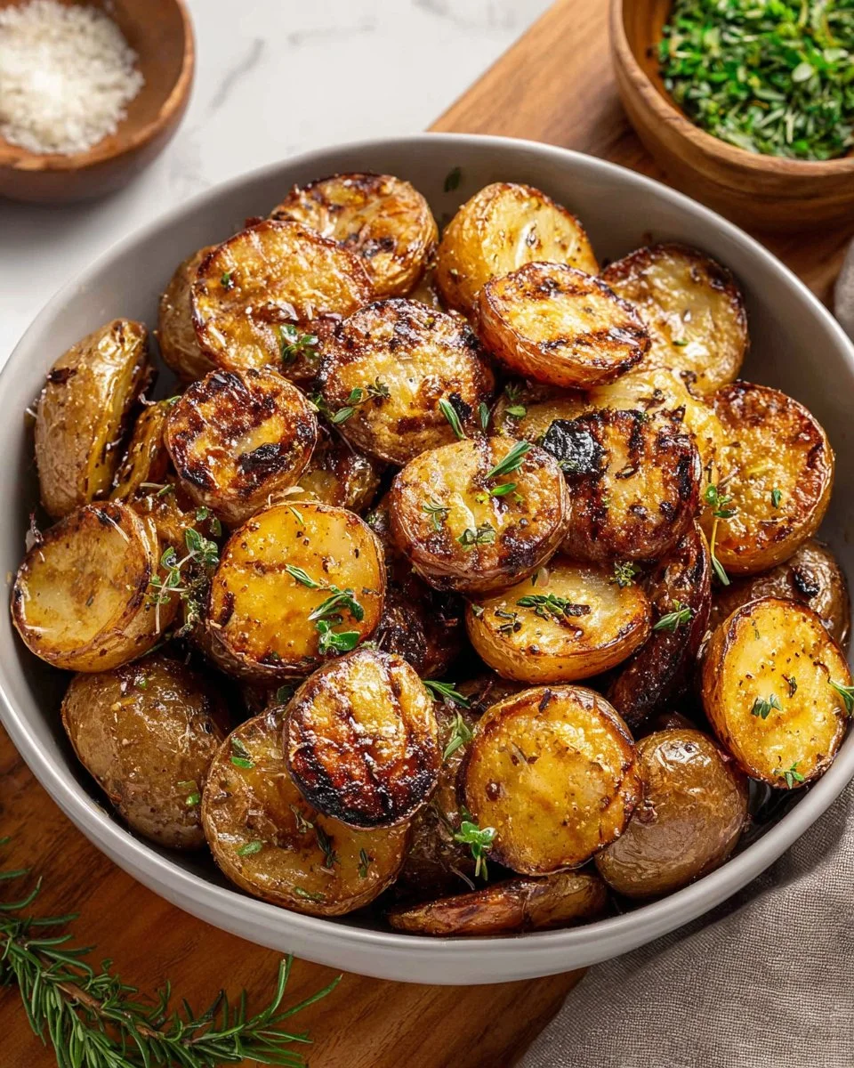 Deliciously grilled potatoes with herbs and seasoning on a BBQ grill