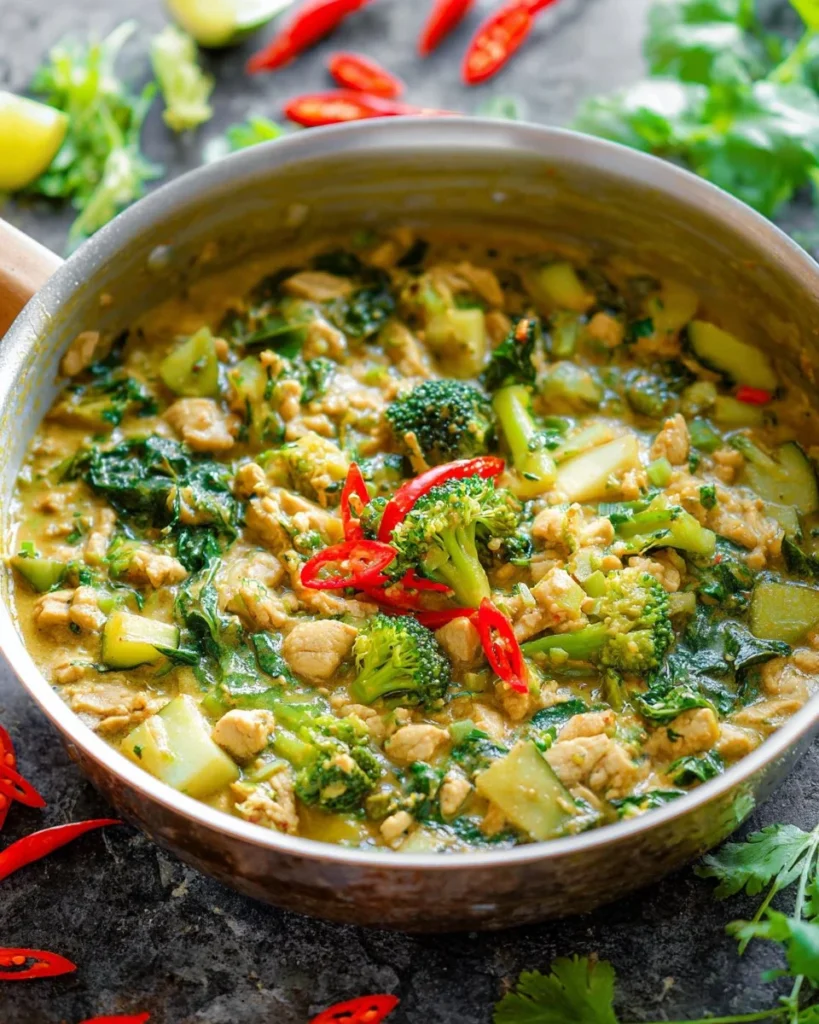 Bowl of Ground Chicken Green Thai Curry with fresh basil and lime